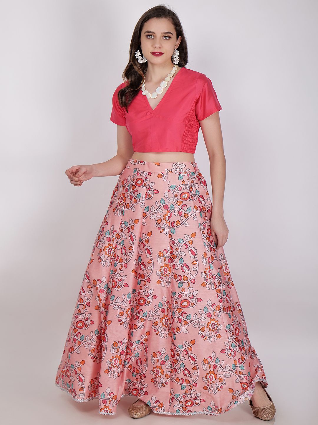 

Frolic Rolic Printed Silk Lehenga & Solid Silk Blouse Set, Peach