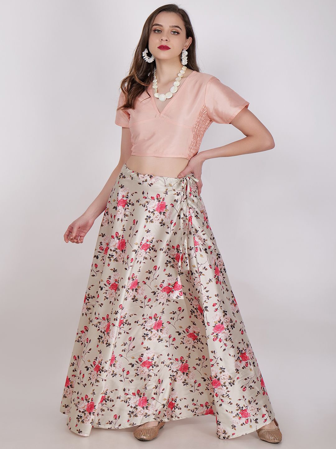 

Frolic Rolic Floral Printed Silk Skirt and Solid Silk Blouse Set, Peach