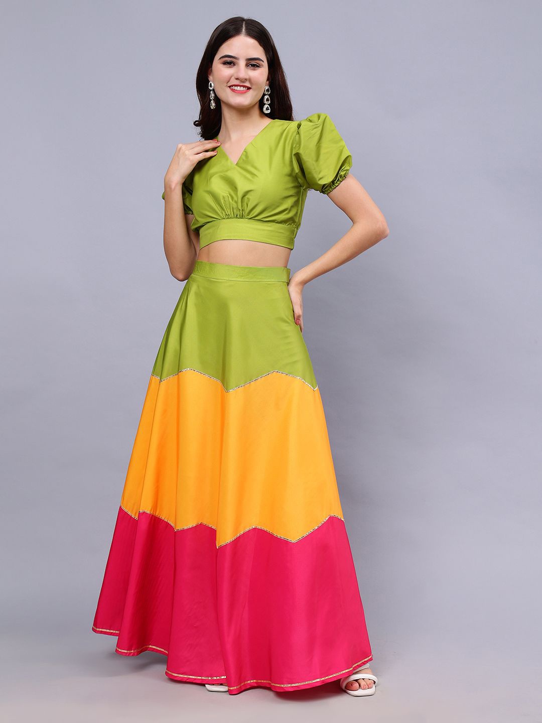 

Frolic Rolic Printed V-Neck Ready to Wear Lehenga & Blouse, Green