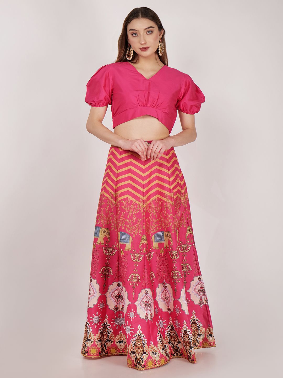 

Frolic Rolic Printed V-Neck Ready to Wear Lehenga & Blouse, Pink