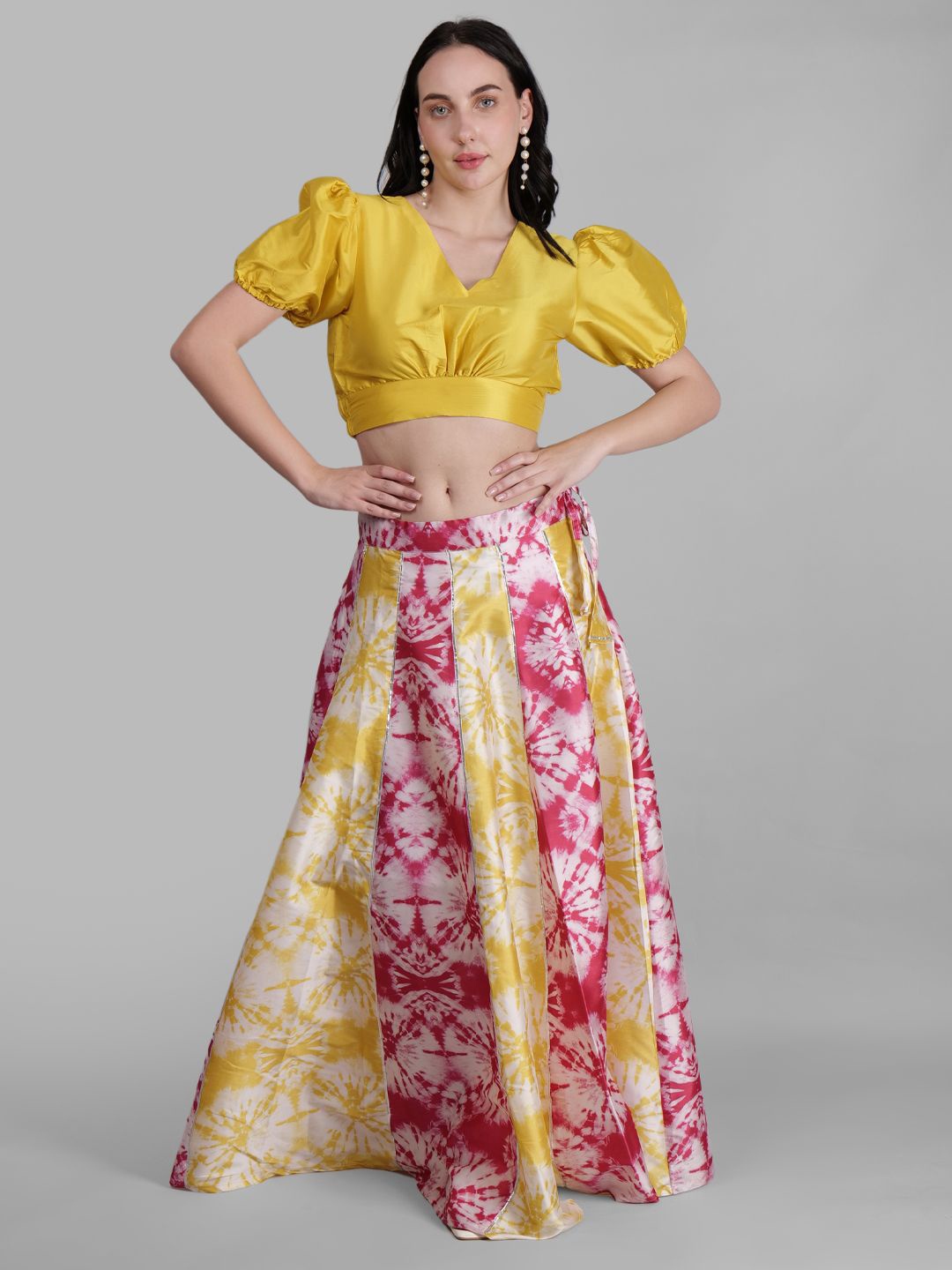 

Frolic Rolic Tie and Dye Printed V-Neck Silk Ready to Wear Lehenga & Blouse, Pink