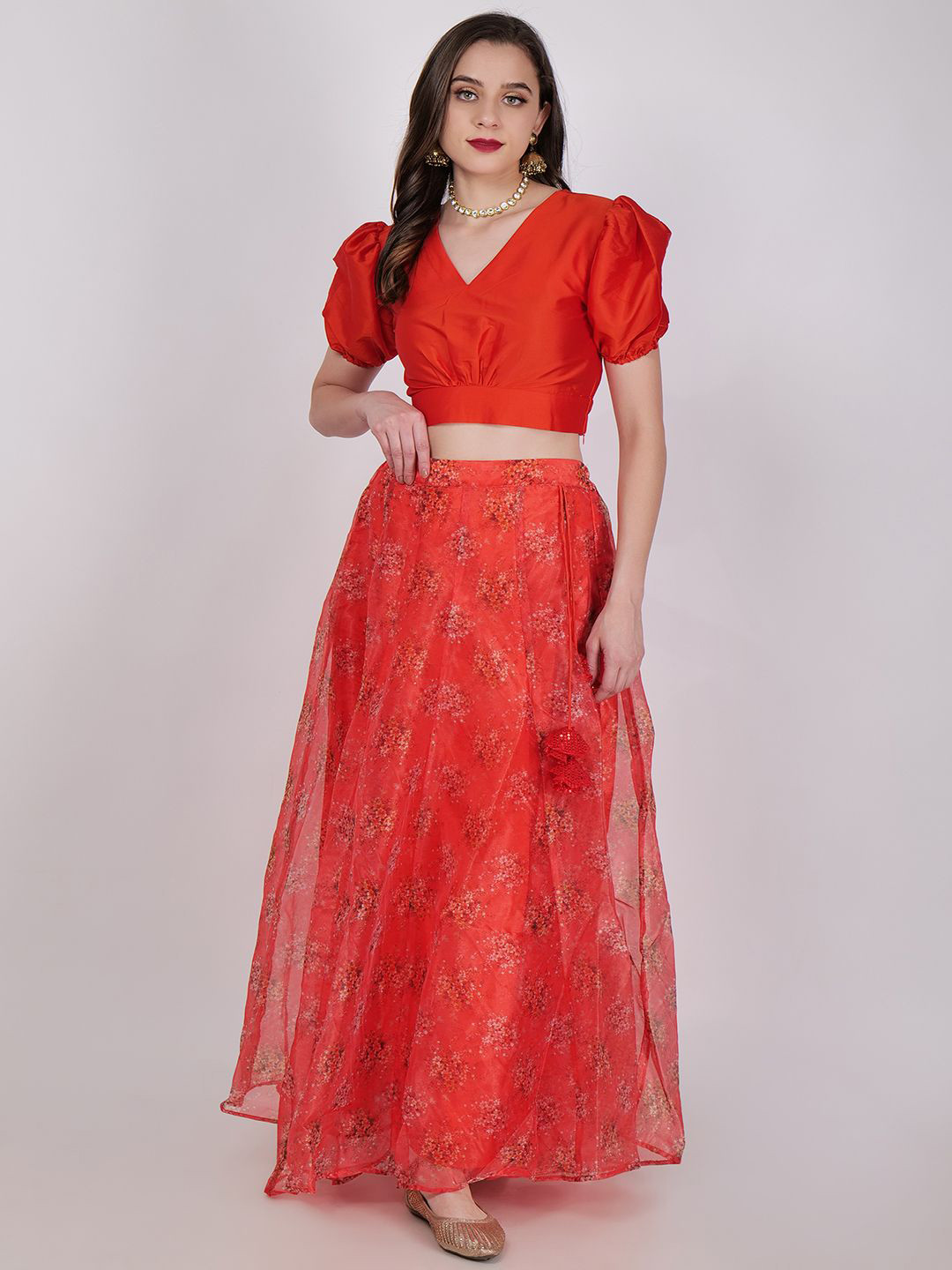 

Frolic Rolic Silk V Neck Blouse & Floral Print Drawstring Organza Maxi Skirt Set, Orange