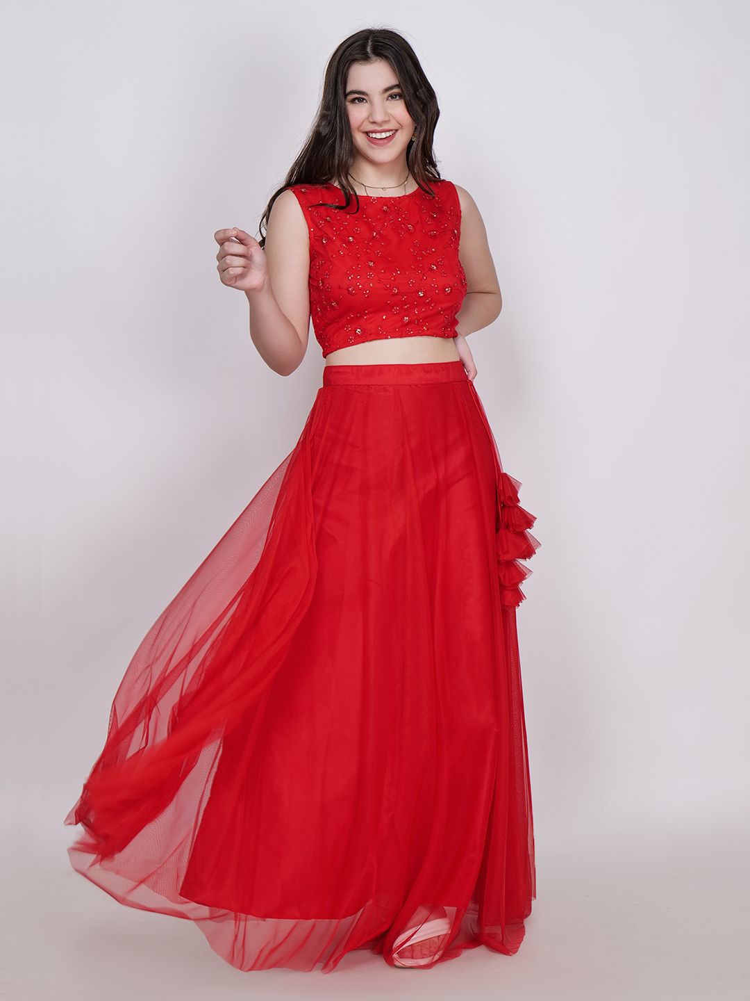 

Frolic Rolic Embroidered Net Blouse & Net Skirt Set, Red