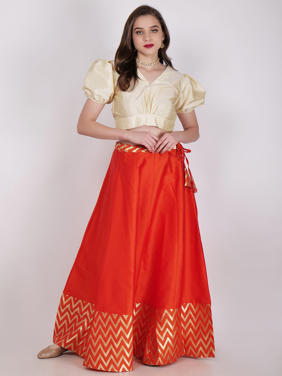 

Frolic Rolic Zig Zag Silk Border Skirt & Solid Silk Blouse Set, Orange