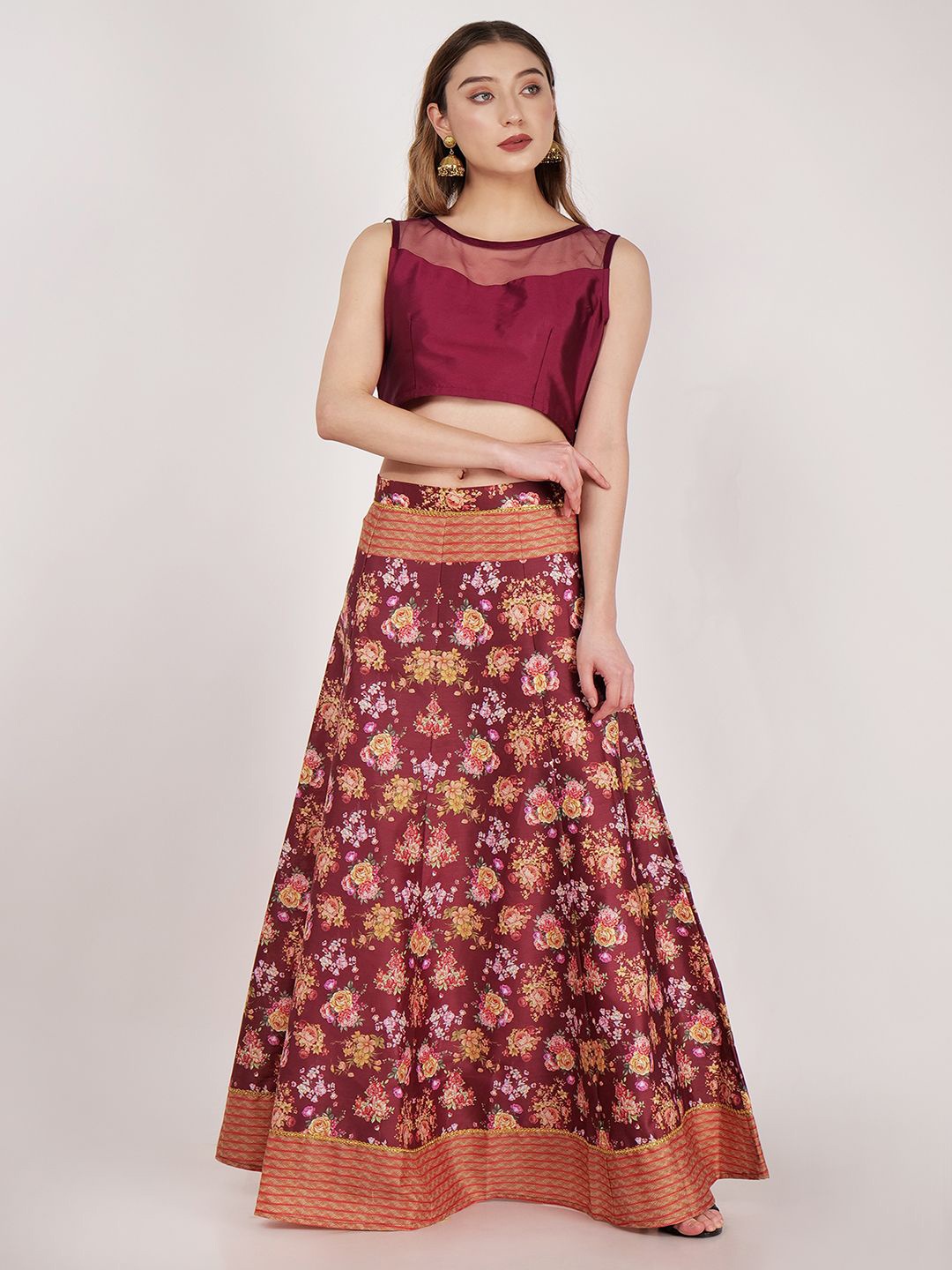 

Frolic Rolic Silk Blouse & Printed Chanderi Skirt Set, Burgundy