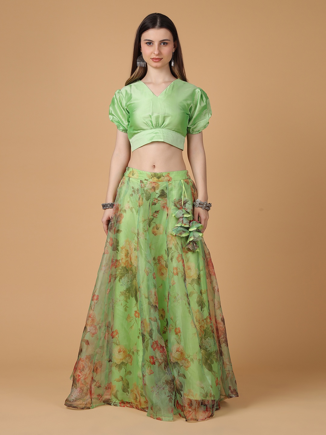 

Frolic Rolic V Neck Puff Sleeves Ready To Wear Blouse With Printed Lehenga, Green