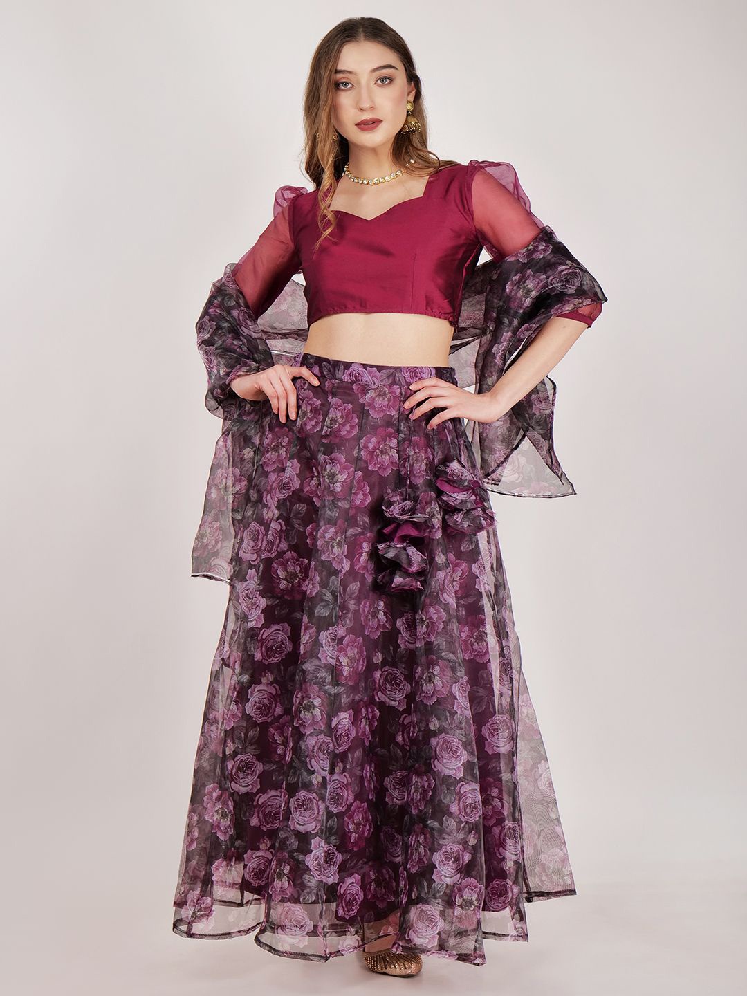 

Frolic Rolic Floral Printed Lehenga & Silk Blouse Set with Dupatta, Burgundy