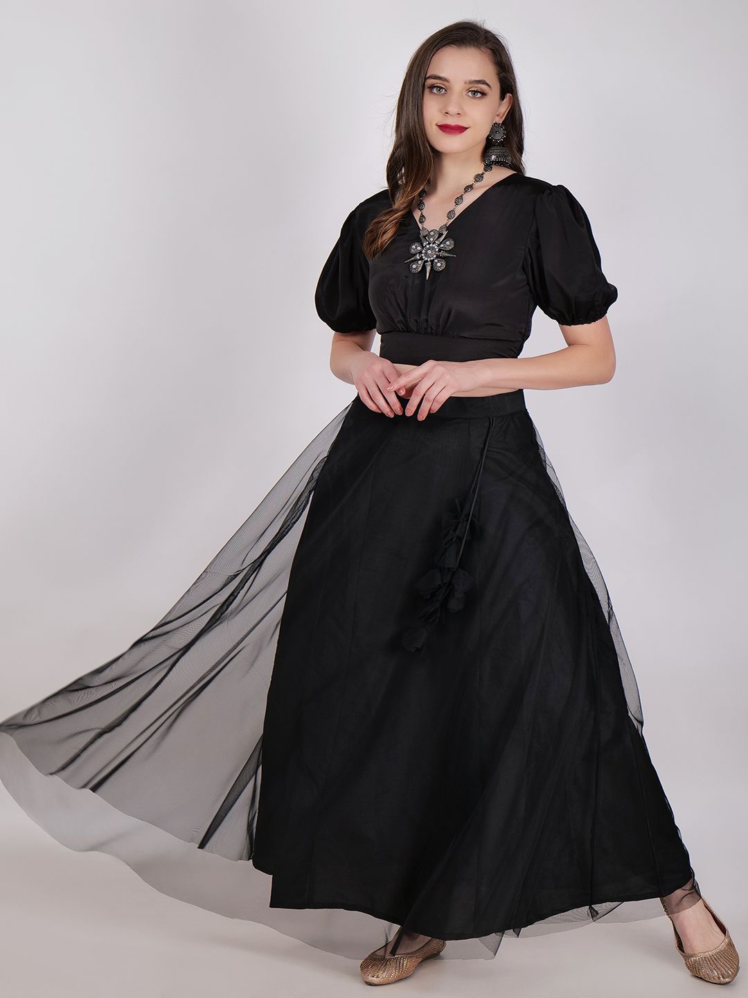 

Frolic Rolic Net Lehenga & Satin Blouse Set With Dupatta, Black