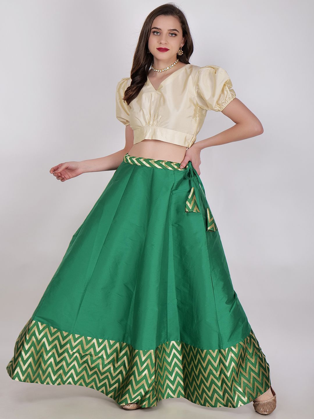 

Frolic Rolic V Neck Puff Sleeves Ready To Wear Blouse With Woven Design Lehenga, Green