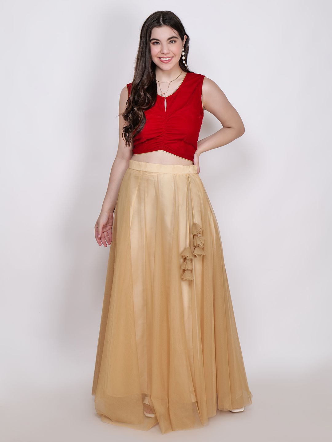 

Frolic Rolic Velvet Blouse & Net Skirt Set, Red