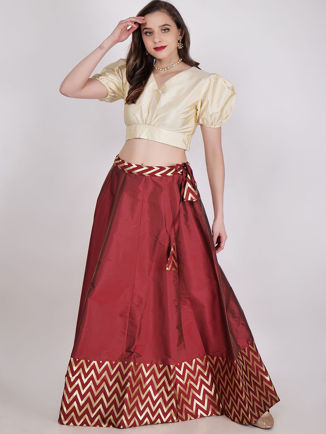 

Frolic Rolic Zig Zag Silk Border Skirt & Solid Silk Blouse Set, Maroon