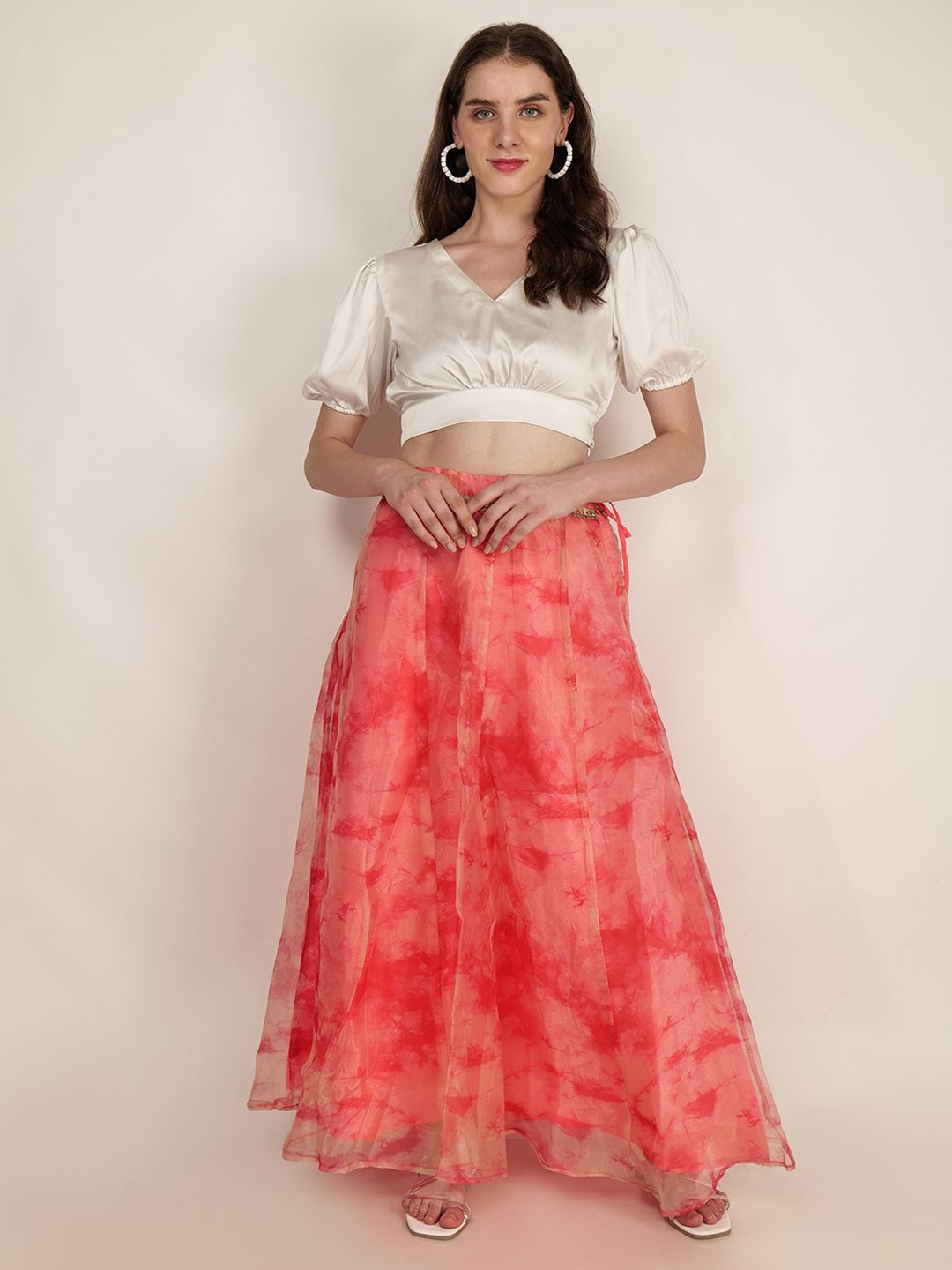 Frolic Rolic Satin V Neck Blouse & Floral Print Organza Maxi Skirt Set, Off white