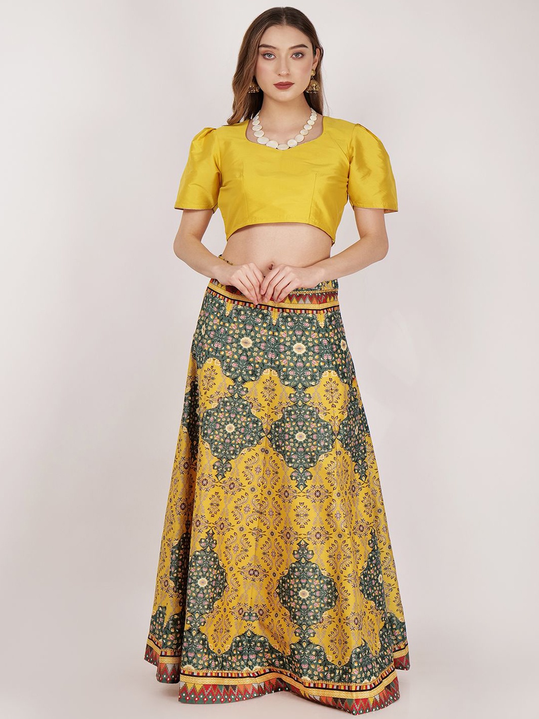 

Frolic Rolic Printed V-Neck Puffed Sleeves Ready to Wear Lehenga & Blouse, Yellow