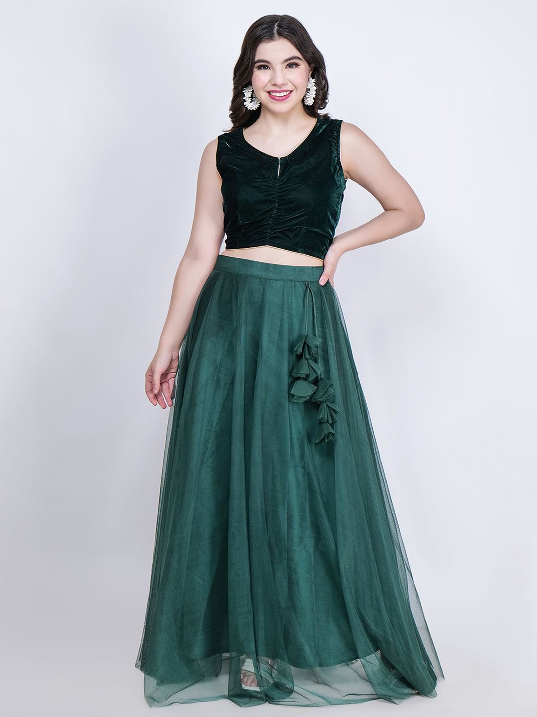 

Frolic Rolic Velvet Blouse & Net Skirt Set, Green