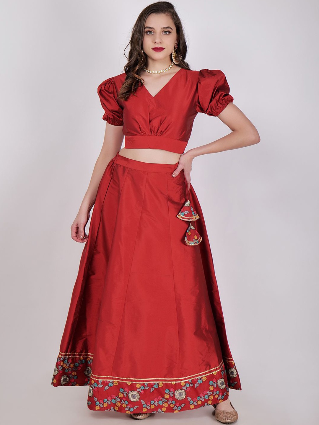 

Frolic Rolic Silk Printed Border Skirt & Solid Silk Blouse Set, Maroon