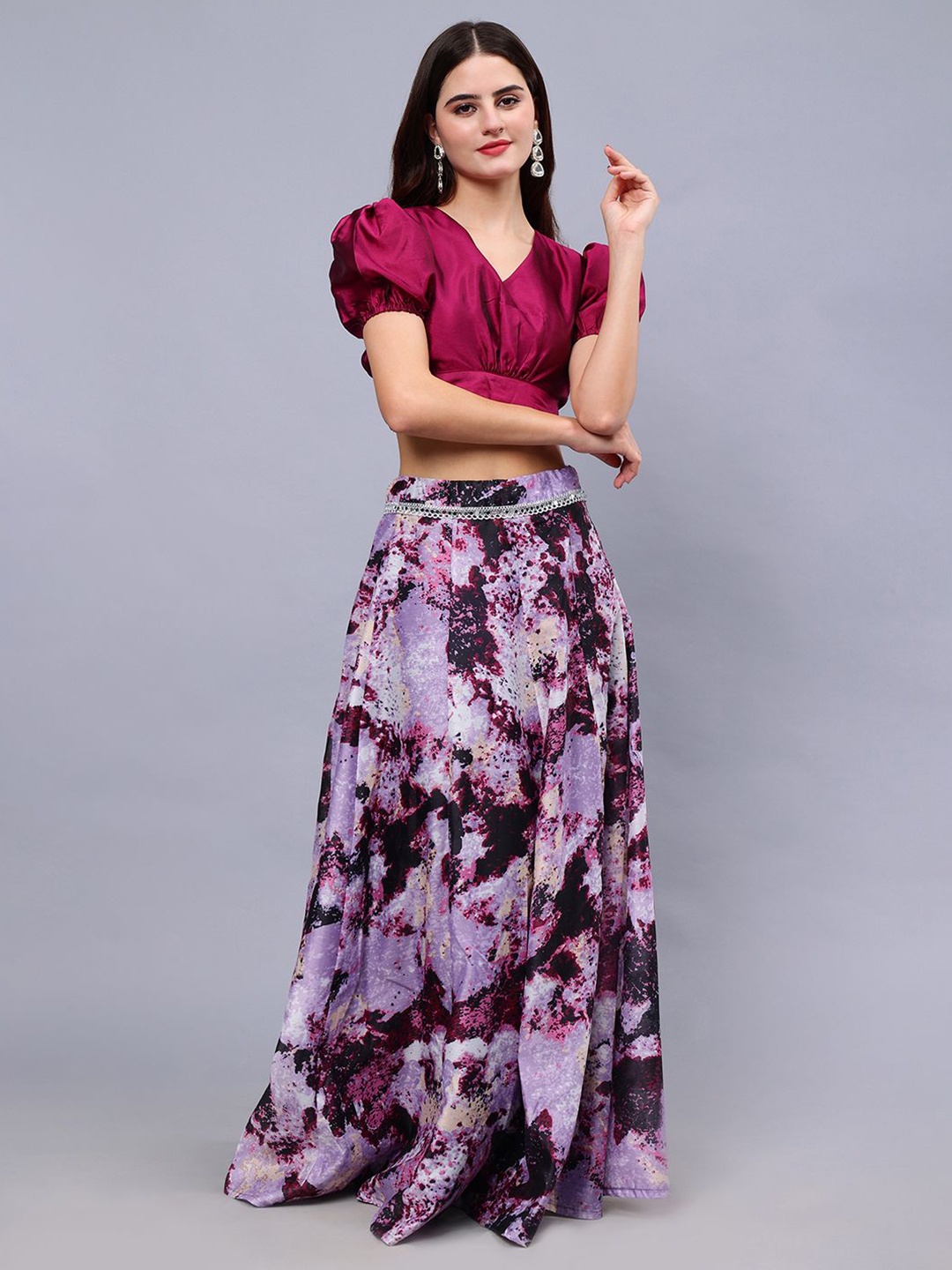 

Frolic Rolic Printed V-Neck Puffed Sleeves Mirror Work Ready to Wear Lehenga & Blouse, Burgundy