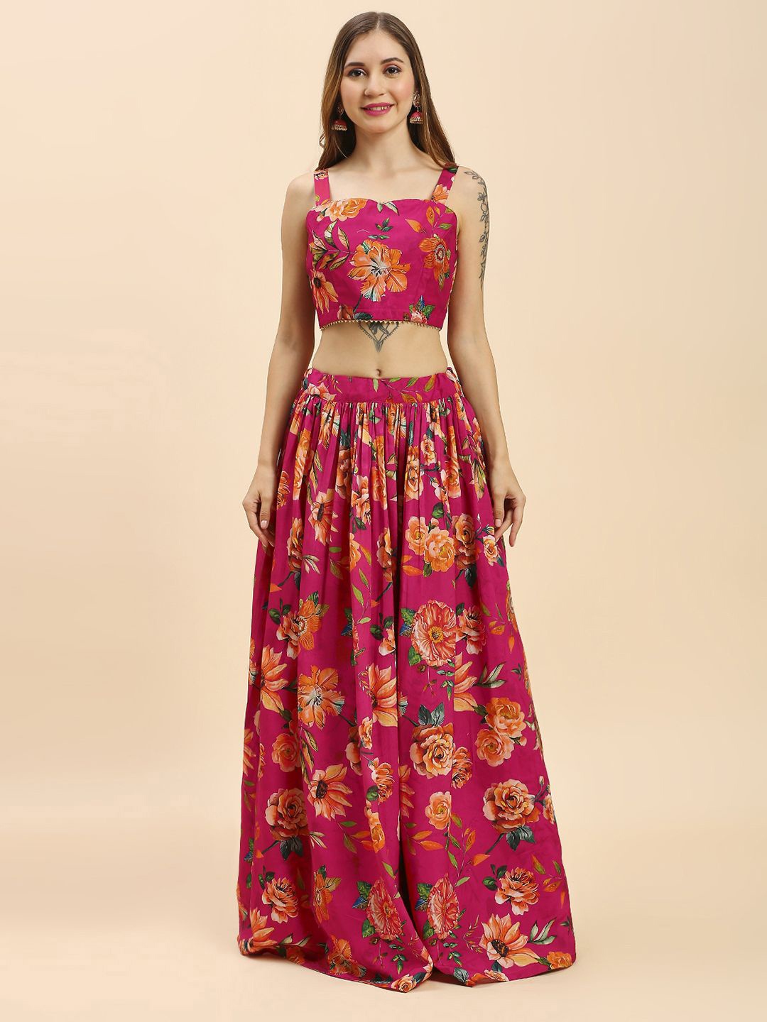 

MADHURAM Floral Printed Ready to Wear Silk Lehenga & Blouse With Shrug, Pink