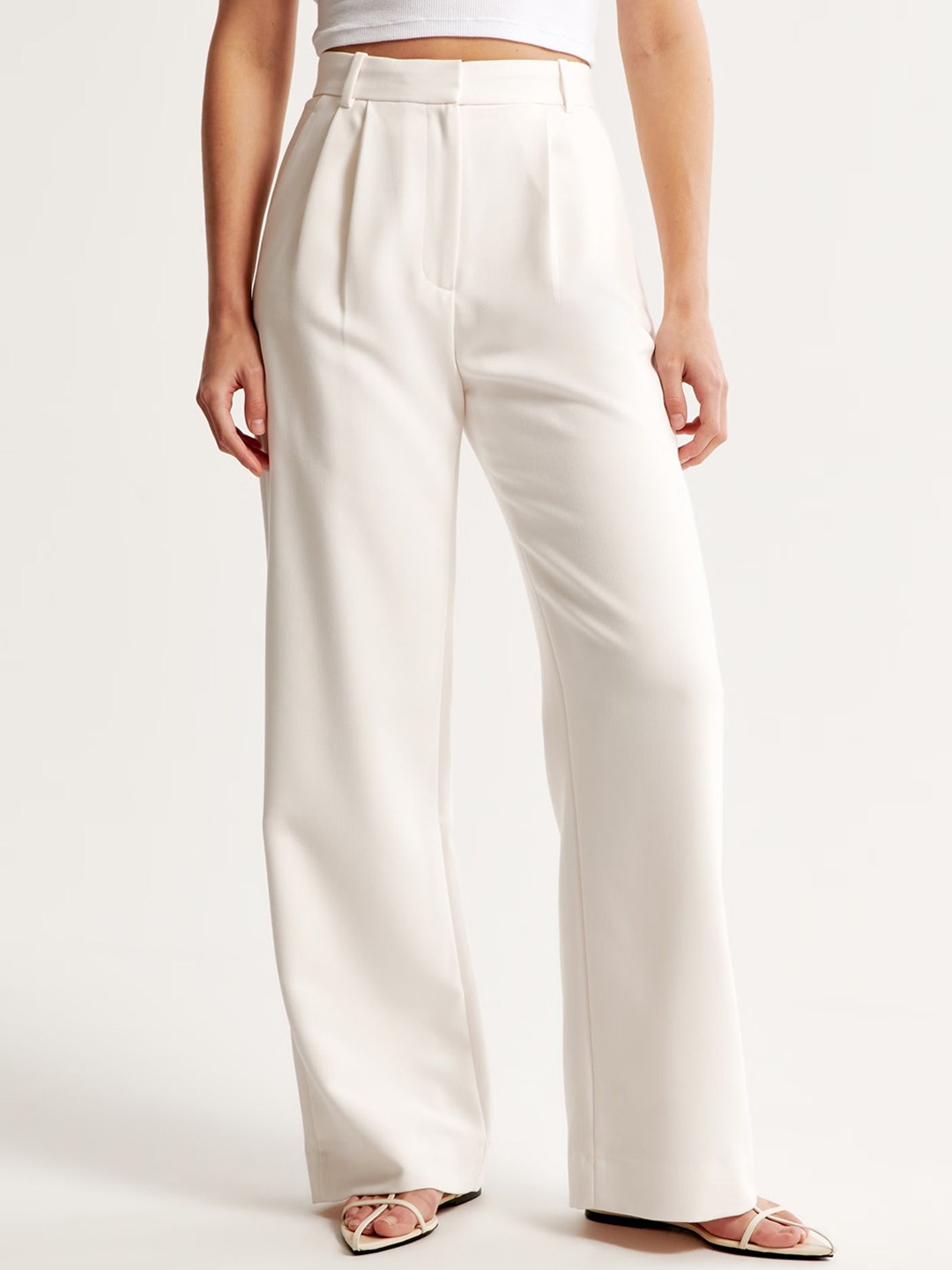

FNOCKS Women Tailored High-Rise Easy Wash Pleated Wide Leg Trousers, White