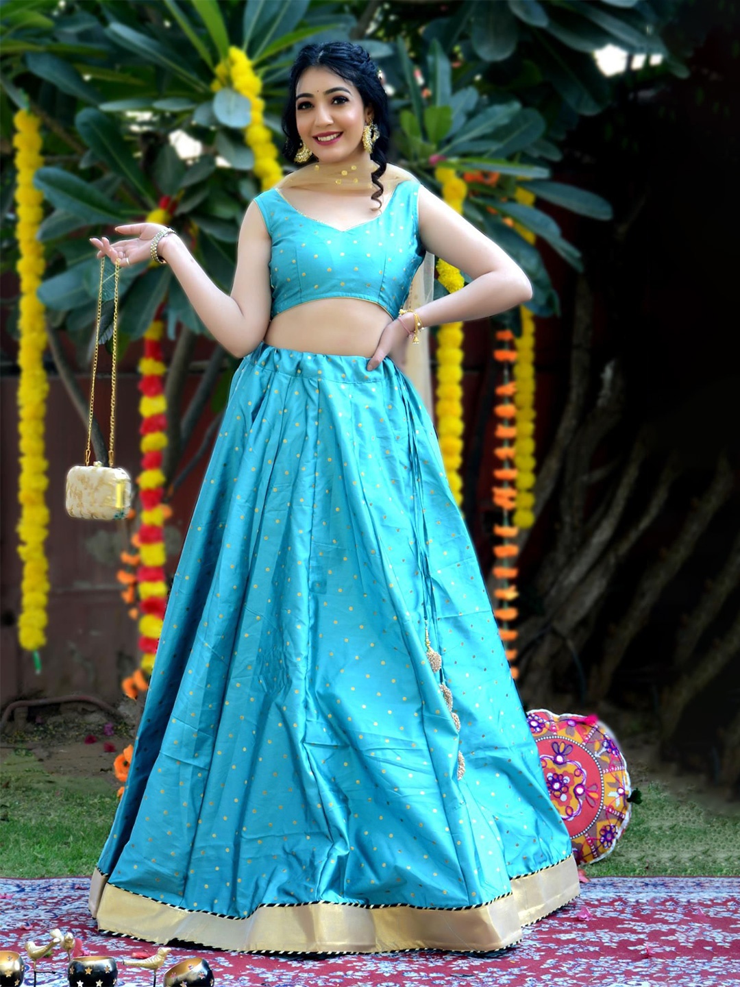 

Indi INSIDE Beads and Stones Ready to Wear Lehenga & Unstitched Blouse With Dupatta, Turquoise blue