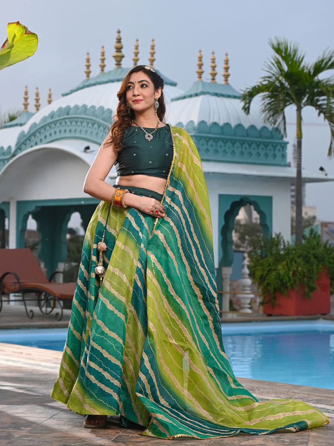 

Indi INSIDE Leheriya Printed Ready to Wear Lehenga & Unstitched Blouse With Dupatta, Green