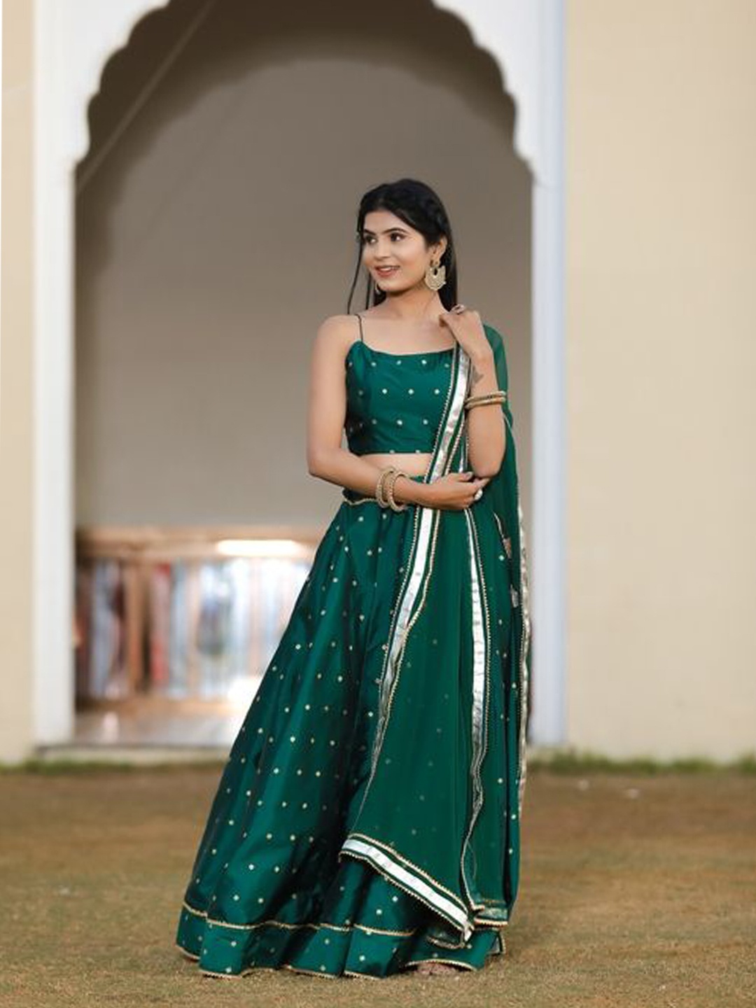 

Indi INSIDE Embellished Silk Ready to Wear Lehenga & Unstitched Blouse With Dupatta, Green