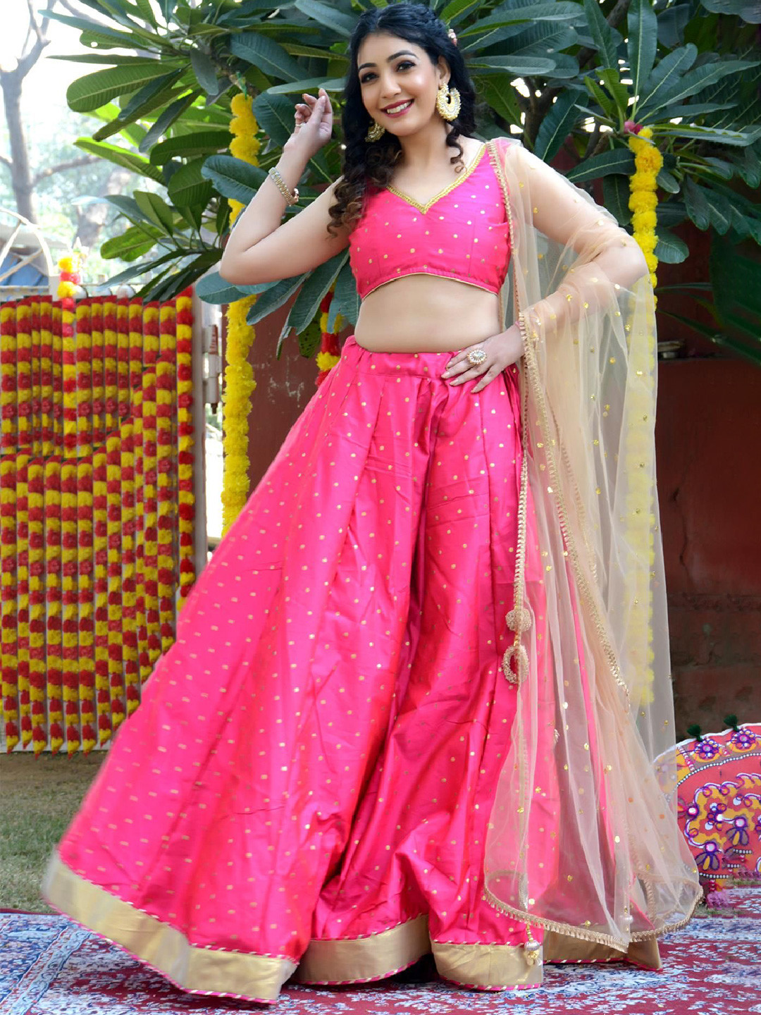 

Indi INSIDE Beads and Stones Ready to Wear Lehenga & Unstitched Blouse With Dupatta, Pink