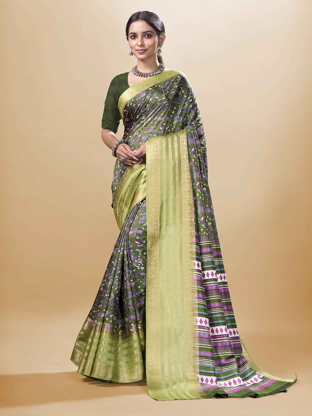 

Sanwariya Silk Ethnic Motif Zari Woven Chanderi Saree, Green
