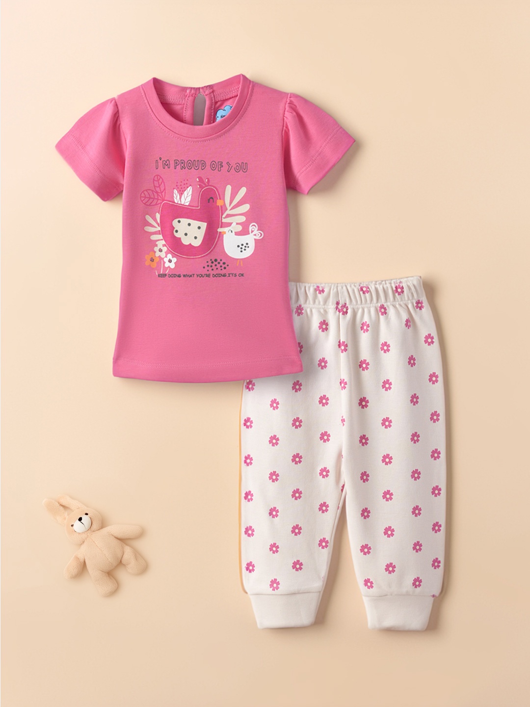 

Nauti Nati Infants Girls Printed Pure Cotton Top With Joggers, Pink