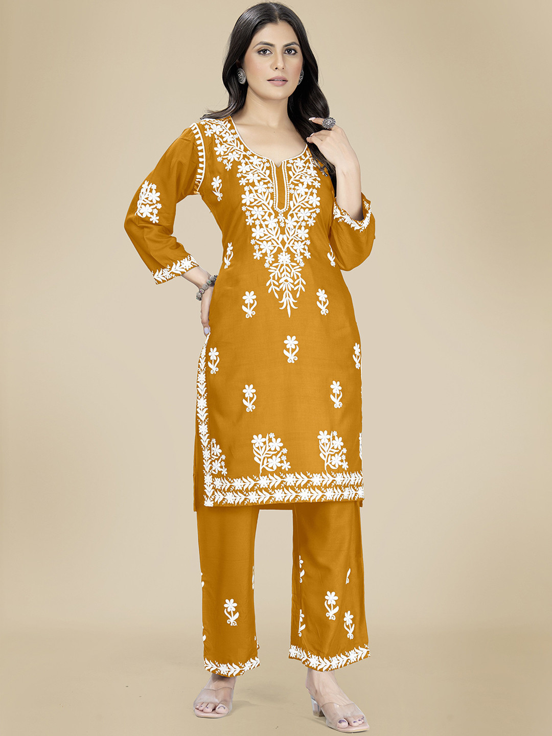 

Rujave Floral Embroidered Notch Neck Thread Work Straight Kurta With Palazzos, Mustard