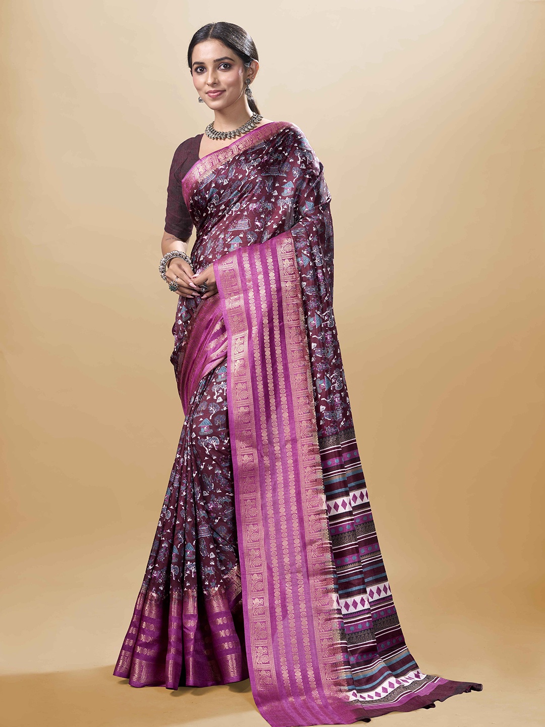 

SANJANA SILK Ethnic Motifs Zari Chanderi Saree, Magenta