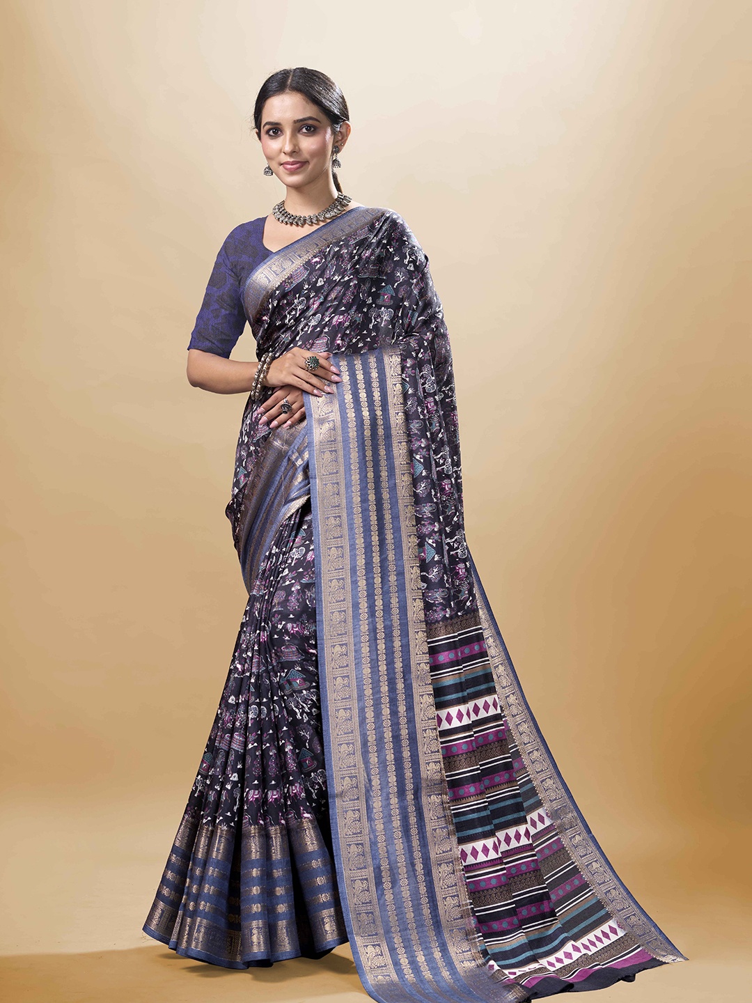 

SANJANA SILK Floral Zari Chanderi Saree, Black