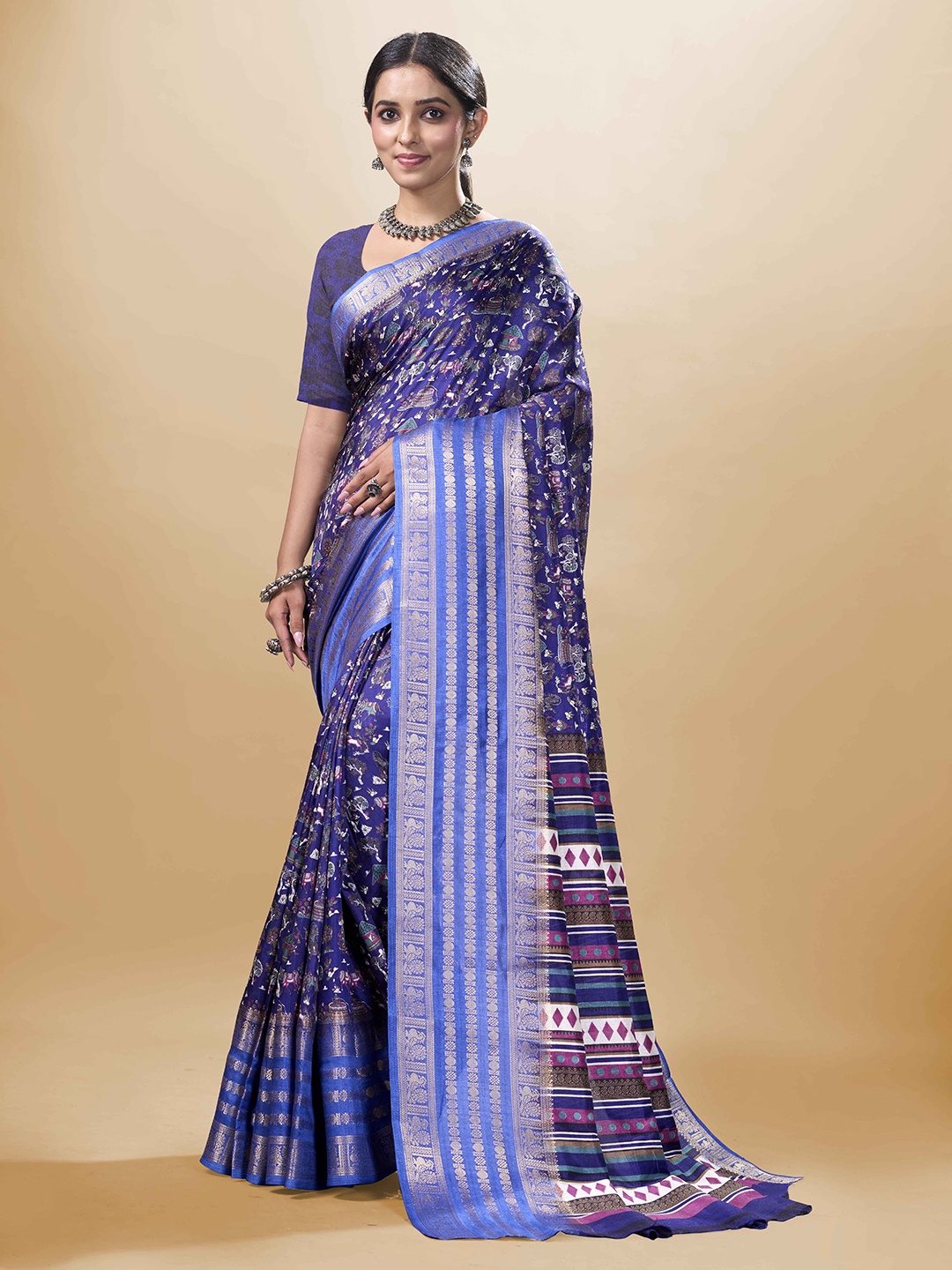 

SANJANA SILK Ethnic Motif Zari Woven Chanderi Saree, Navy blue