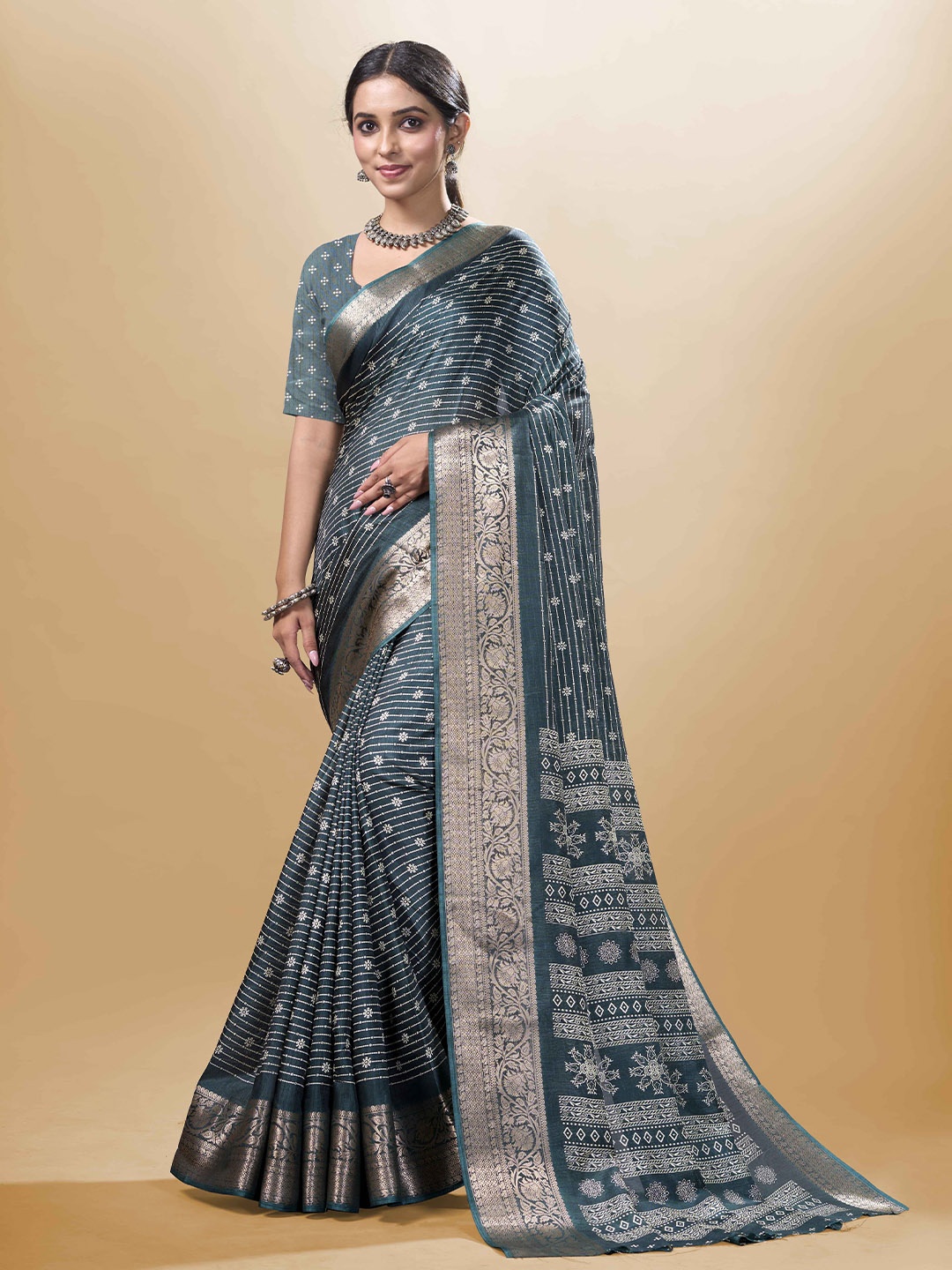 

SANJANA SILK Ethnic Motifs Zari Chanderi Saree, Green