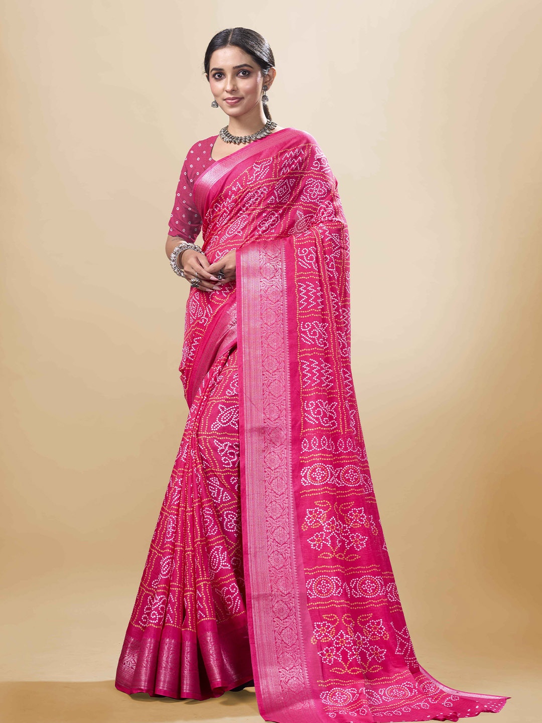 

SANJANA SILK Zari Woven Bandhni Chanderi Saree, Pink