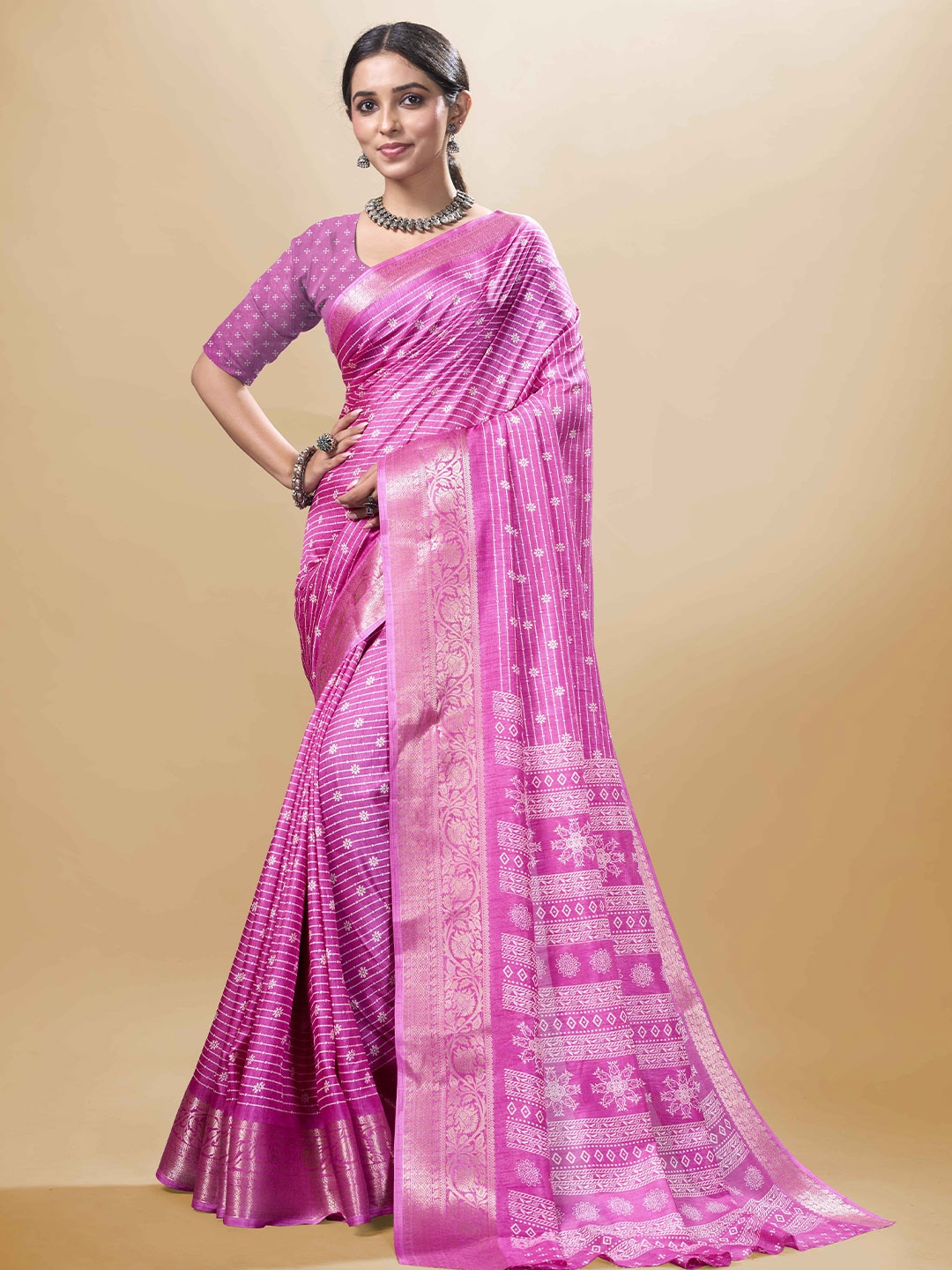 

SANJANA SILK Striped Zari Woven Chanderi Saree, Pink