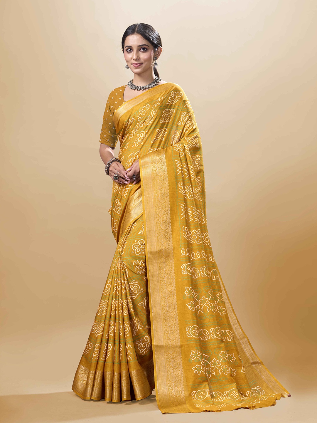 

SANJANA SILK Bandhani Zari Woven Chanderi Saree, Yellow