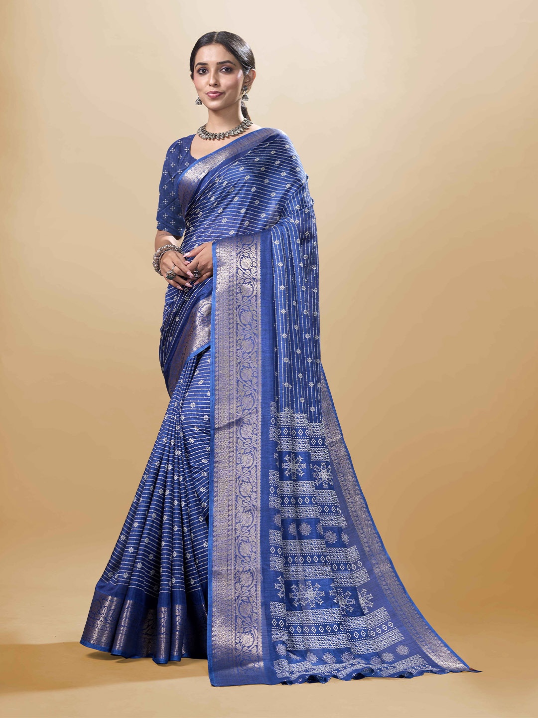

SANJANA SILK Woven Design Zari Chanderi Saree, Navy blue