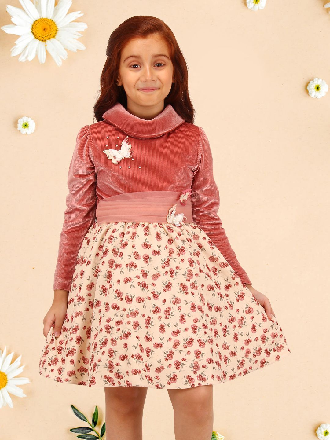 

CUTECUMBER Girls Floral Print Applique Velvet Fit & Flare Dress, Rust