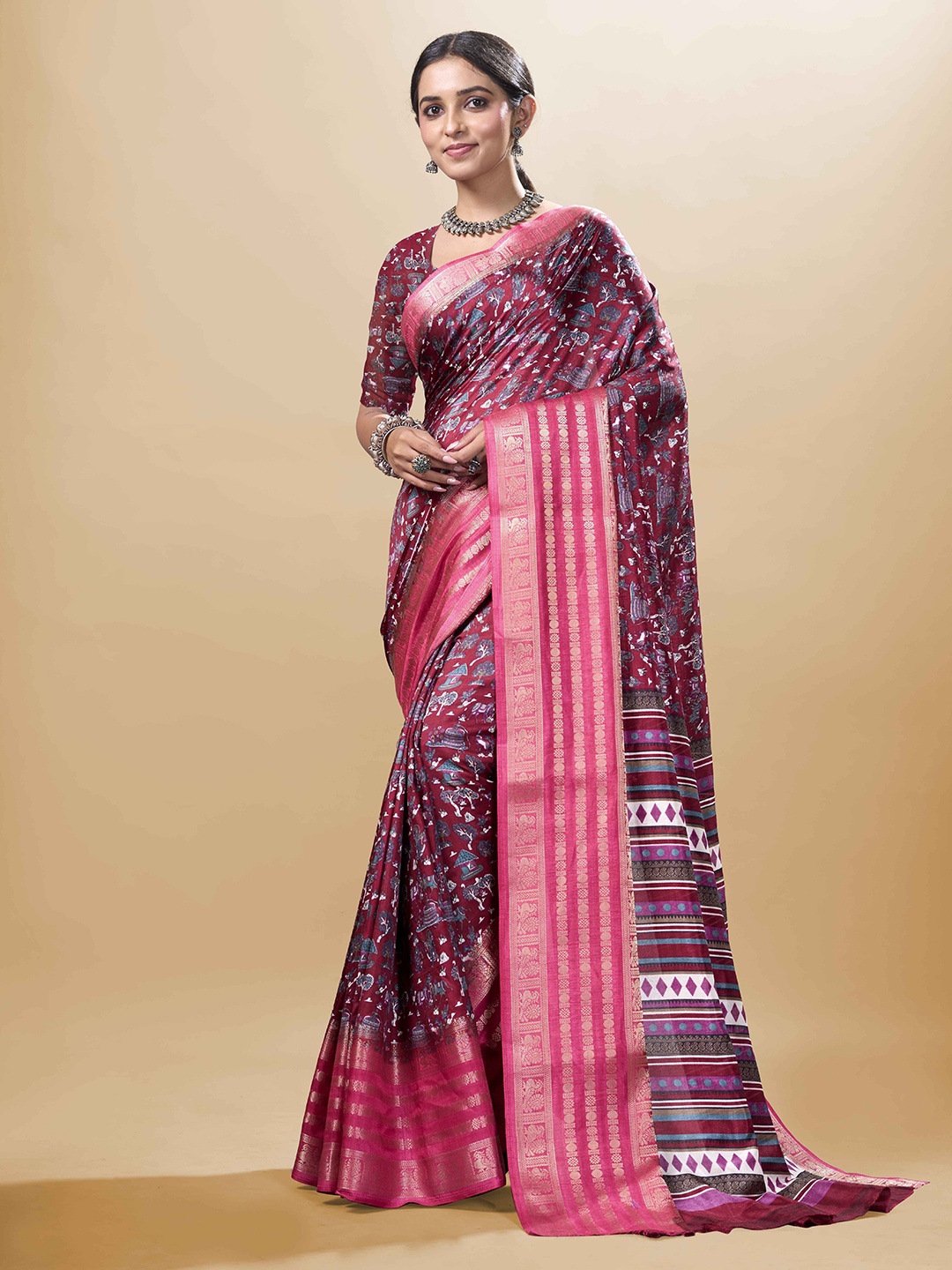 

Sitanjali Ethnic Motifs Zari Chanderi Saree With Blouse Piece, Maroon