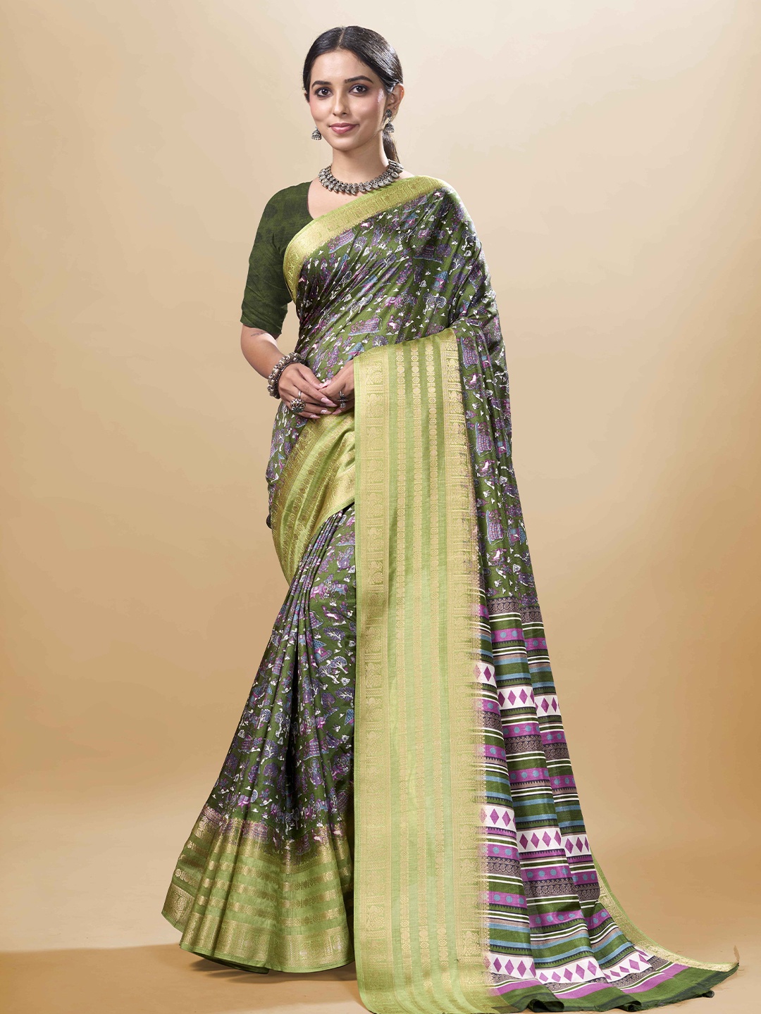 

Sitanjali Ethnic Motifs Zari Chanderi Saree, Green
