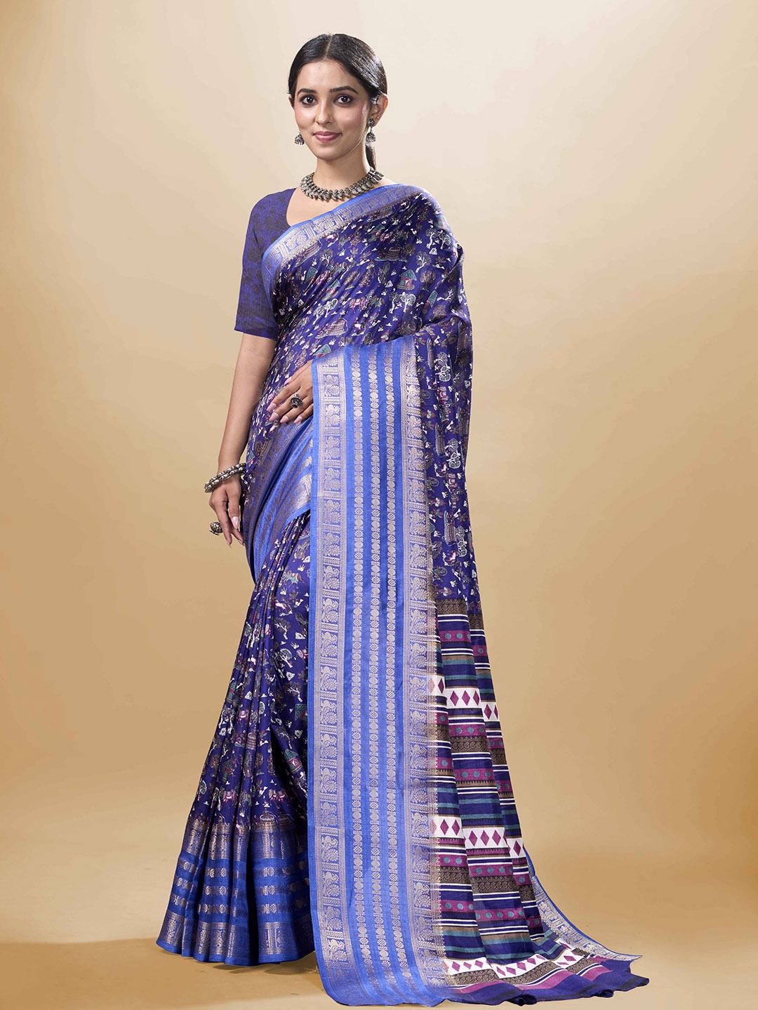 

Sitanjali Ethnic Motif Zari Woven Chanderi Saree, Navy blue