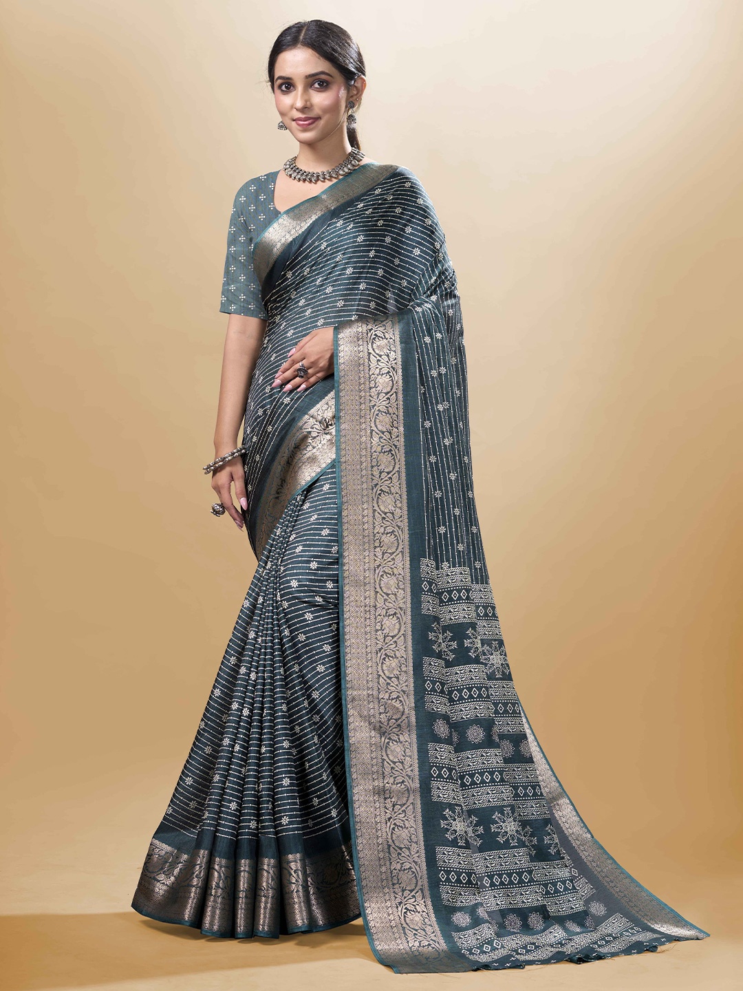 

Sitanjali Striped Zari Woven Chanderi Saree, Green
