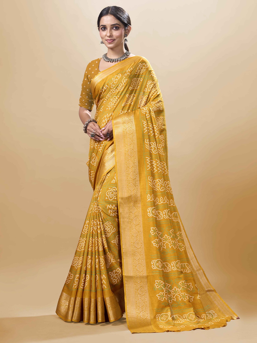 

Sitanjali Bandhani Zari Woven Chanderi Saree, Yellow