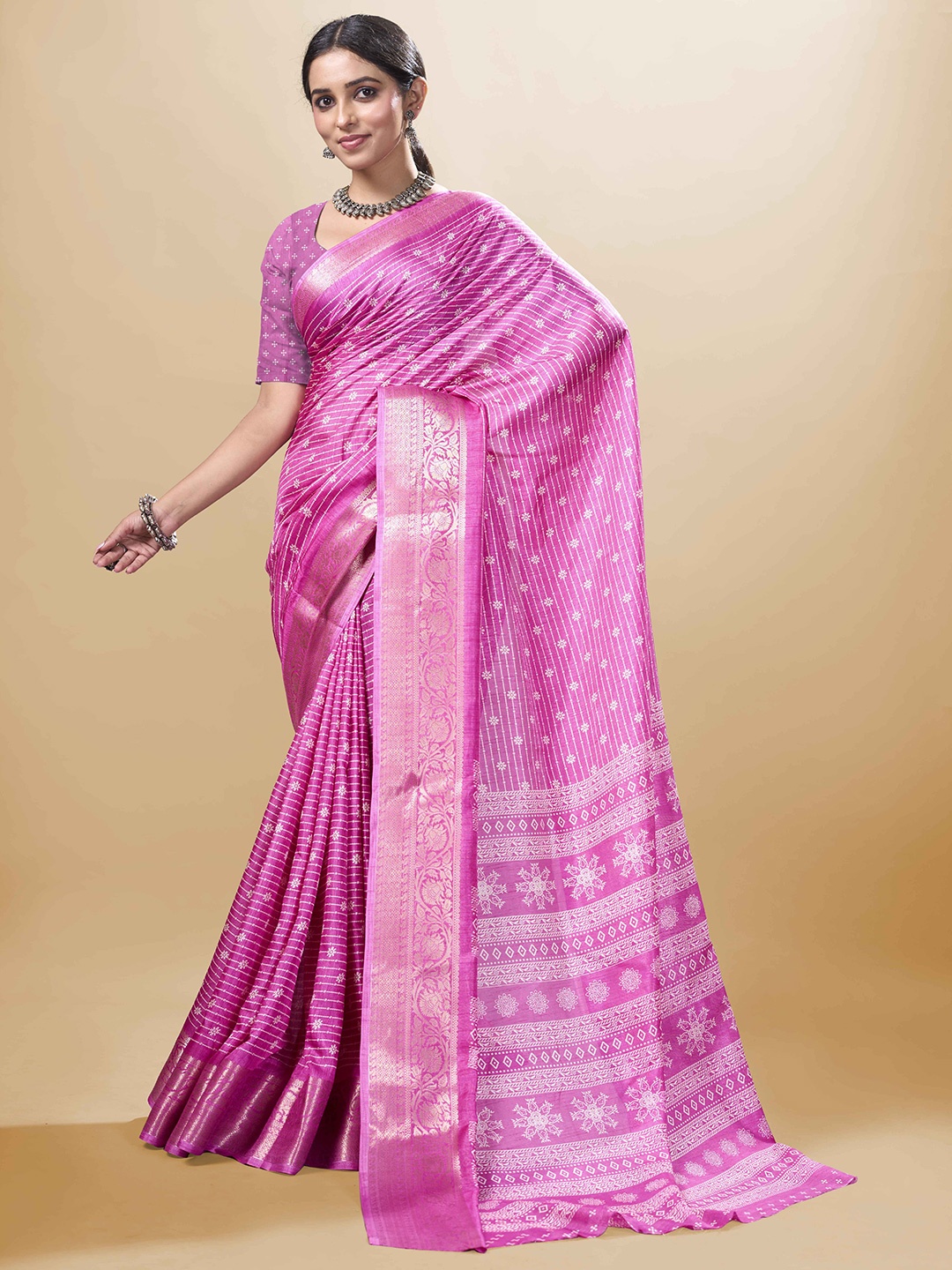 

Sitanjali Zari Woven Striped Chanderi Saree, Pink