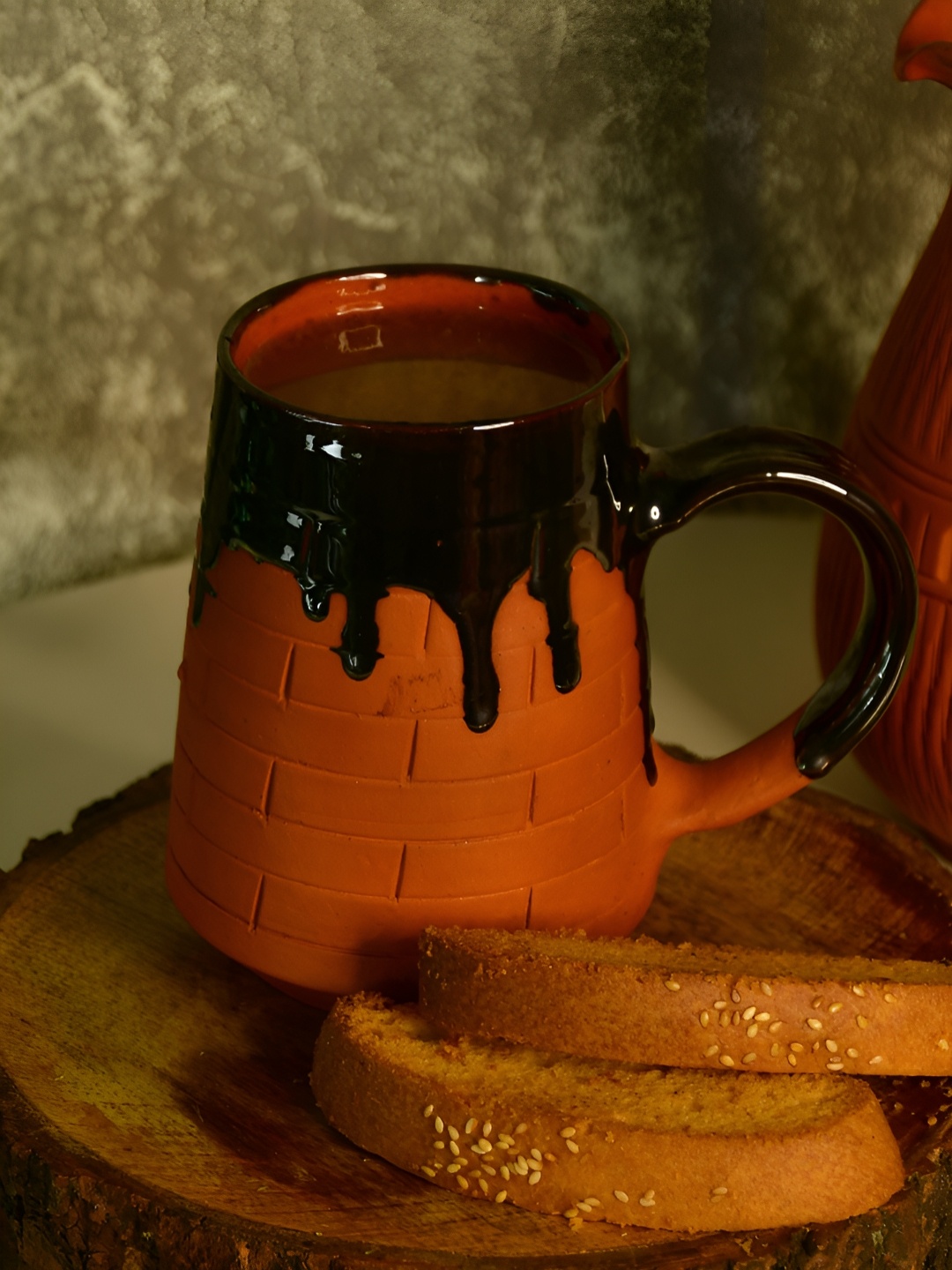 

SOWPEACE Brown & Black Textured Matte Finish Terracotta Mug 600 ml