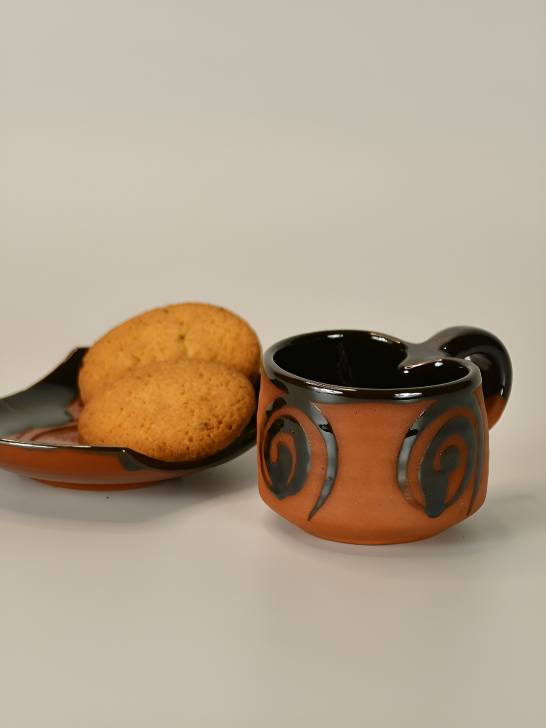 

SOWPEACE Brown & Black Textured Matte Finish Terracotta Mug With Saucer 200 ml