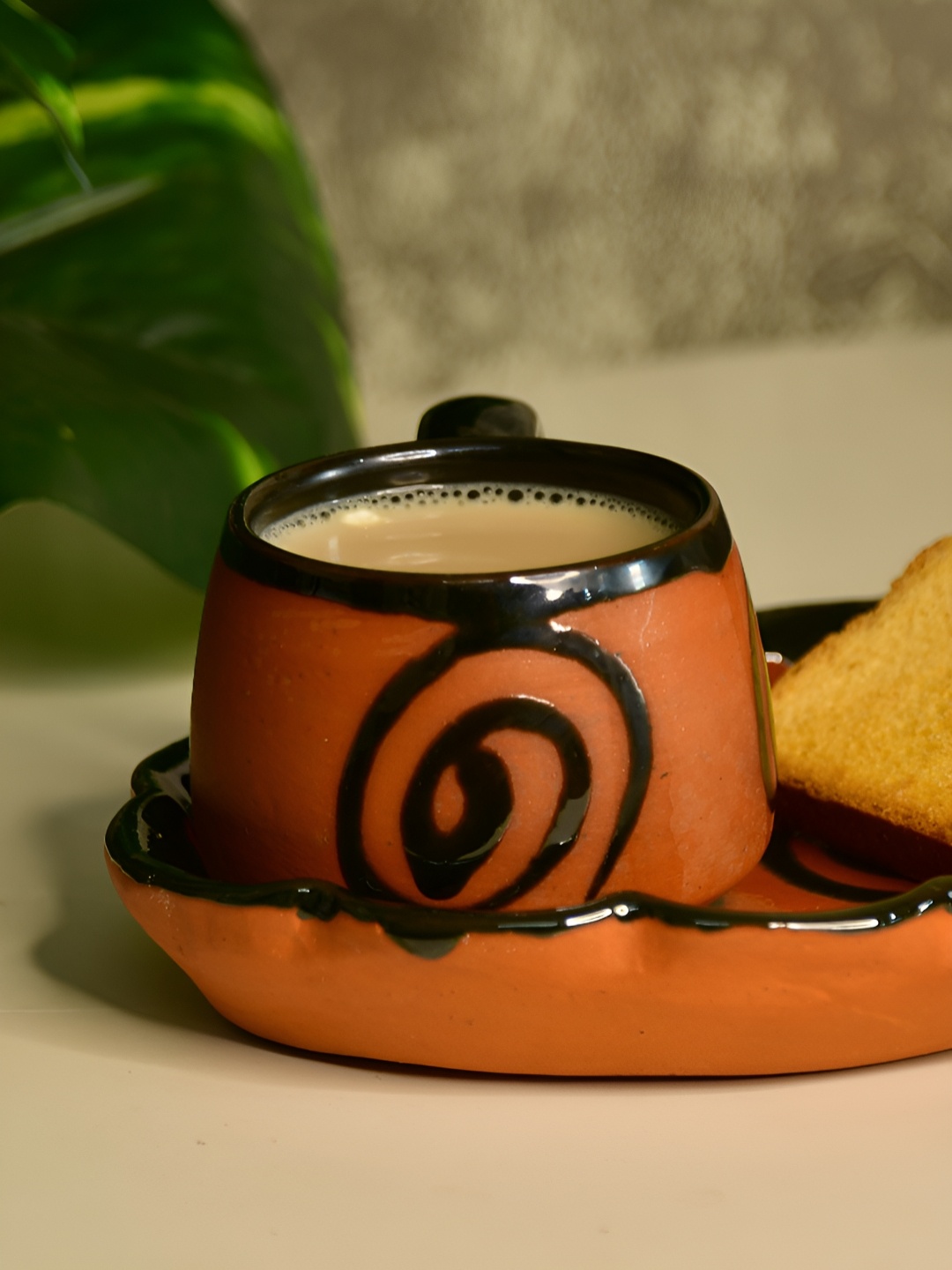 

SOWPEACE Brown & Black Textured Matte Finish Terracotta Cup With Saucer 200 ml