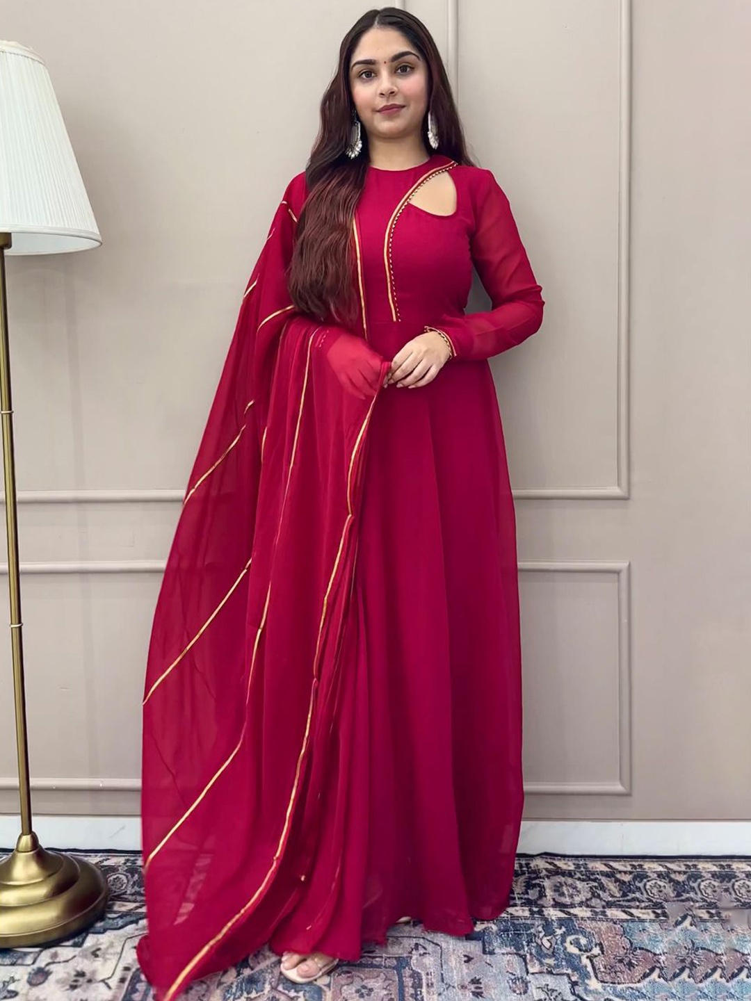 NUD Stylised Neck Gotta Patti Anarkali Georgette Kurtas With Dupatta, Magenta
