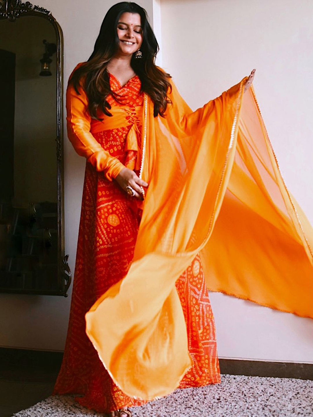 

NUD Bandhani Printed Georgette Sweetheart Neck Anarkali Kurta With Dupatta, Orange