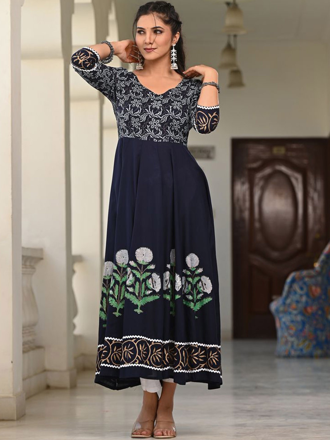 

Indi INSIDE Floral Block Printed Anarkali Kurta, Blue